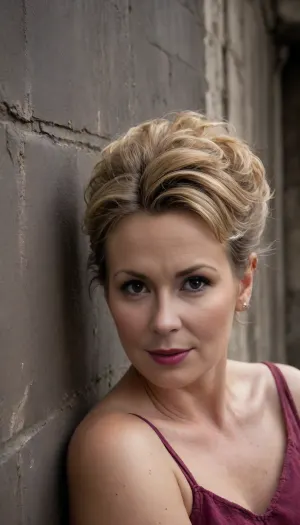POV, (close-up:1.4), ((furrowed brow:1.5), looking at viewer, ((face focus)), an insanely hot curvy innocent-looking 50yo housewife against wall in slums, ((pushed back flat)), ((view in front)), ((dark blonde messy updo beehive haircut)), (((Her head is thrown back against the wall with the back of her head))), ((full-face view)))