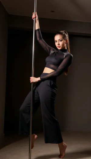 A modestly dressed Muslim woman, her voluptuous figure accentuated by a form-fitting outfit consisting of a long-sleeved, high-necked top and loose, mid-calf length trousers. Despite being fully covered, her attire reveals the strength and agility of her toned physique as she performs an intricate move on a pole. The fabric of her clothing is a blend of dark colors with subtle metallic accents, which catch the light and add a touch of elegance to the scene. Her hair is tied back in a sleek ponytail, and she wears minimal makeup, allowing her natural beauty and confidence to shine through. The background is dimly lit, with soft shadows dancing across the walls, creating an intimate and mysterious atmosphere in the otherwise stark space. The pole itself is a simple, unadorned metal structure that reaches from the floor to the ceiling, serving as a stark contrast to her graceful movements. Her expression is one of focus and determination, showcasing her passion for the art of pole dancing. The setting appears to be a private dance studio with a single spotlight illuminating her, casting a dramatic silhouette on the floor. The overall scene is a harmonious blend of cultural modesty and the empowering artistry of pole dance, challenging stereotypes and celebrating the diversity within the sport.