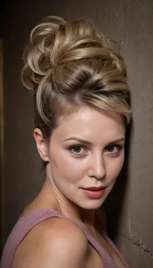 POV, (close-up:1.4), ((furrowed brow:1.5), looking at viewer, ((face focus)), an insanely hot curvy innocent-looking 50yo housewife against wall in slums, ((pushed back flat)), ((view in front)), ((dark blonde messy updo beehive haircut)), (((Her head is thrown back against the wall with the back of her head))), ((full-face view)))