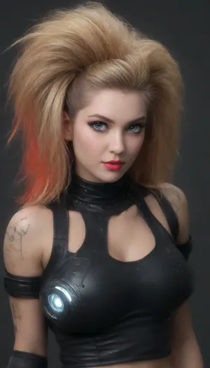(((((((ultra variety, random))))))), ((((((((((((((deep ultra cyberpunk style, cyber future with IT technology, wow hairstyle, explosive hair)))))))))))))), ((caucasian appearance, (((slim-chubby, she is young and innocent, figuratively blood and milk))), (symmetrical eyes), 18 yo, tattoos, experienced old bitch, seduces, dirty slut, slut, hot milf, ((belts with metal buckles, ((fur collar with high feathers)), black-brown nylon, ((very dark silver-black)), white stitching on leather, white harness, bdsm attributes, stockings, garter belt, fishnet, bdsm dominatrix mature, Russian face and eyes)), slim busty delicious secretary milf, striptease, high platform stripper boots with buckles, ((very updo haircut, Ash platinum blonde with voluminous, high-piled hair, curly, well-growing, long hair)), wearing unbuttoned long deep-v dark-silver-black leather dress, transparent inflated weightless nylon sleeves, pumping shoulders, (a red-white-black shiny patent leather laced corset with an open chest that strongly tightens the waist with straps that lead into a choker collar with a steel ring), lacing, silver corset, shiny folds of patent leather, Patent Leather High Mini Skirt, and, ((long thigh tight black patent leather high boots with pointed toe and high narrow heel)), nude, sitting on the desk, jewelry)), ((mannered, shows off, facial skin battered and dented by time, average height, hair smoothed uncombed)), ((eyes sunken into sockets, round eyes with horizontal lower eyelids, ((small eyes are deeply sunken)), realistic dark eyes, darkness under tired eyes)), (a snobbish, arrogant look, eyes deep in sockets), (thick application of black mascara, eyebrows low to eyes, eyebrows in a semicircle, corners of eyes go down, light eyebrows barely noticeable, eyes heavily outlined with mascara, eyes and corners are lined with black pencil, (lips are sunken, cheeks and chin are plump, round face, plump fleshy face, wide chin, thin lips, creased cheeks, very flushed face), (detailed eyes, open eyes, dark circles under eyes)), (eyes and mouth are small, red lipstick), (old eyes, blue-grey iris), (very dark black eyelashes), (slight smile), (frozen look), (dissatisfied commander's look), ((emphasis of attention directed to face)), (beautiful, realistic, perfectly hands, fingers, rings, half-unbuttoned, thin, fitted, glossy, blouse, straight flat back, good posture, slightly raised strong shoulders, pumps, shoulders in line, back straight and flat, satin blouse, pouts cutely, very red lipstick, gold chain around neck, big huge inflated boobs with push up effect, highly detailed skin, patent leather, athletic legs in shoes, (half-boots with straps and buckles on high heels), skin details), sharp focus, 8k UHD, DSLR, quality, high, POV, masterpiece, ultra realism, 3D effect and presence effect, focus, sharpness, light, shadows, ((((this is an erotic photo masterpiece:1.65)))), Barbie effect, (((((((wow effect:1.85))))))), ((((naked breasts, visible pussy))))