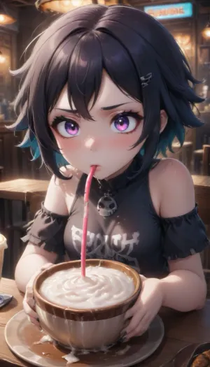 goth drinking cum through straw from bowl full of cum
