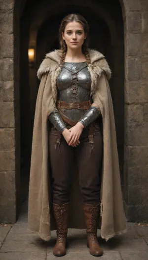 A proud Nordic Milf stands, her presence radiating unwavering strength. Her dark, heavy braid falls down her back, framing a face marked with determination and fortitude. Laced leather pants and leather thigh-high boots. This stunning portrait captures her piercing blue eyes reflecting the icy landscapes of her homeland. The intricate details of her embroidered Viking armor and fur-lined cloak speak of her warrior spirit. This high-quality painting seamlessly combines strength and grace, drawing the viewer into the gripping story of a fierce Nordic warrior princess. Body manipulation, divine proportions, clever smile, sideways glance, body manipulation, casual, inexperienced, shy, (((rule of thirds))), high quality, high detail, high resolution, backlight, (long exposure:2)