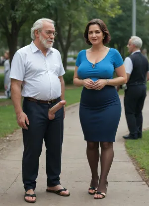 (Old man with a haircut, neat beard and mustache, handsome old man in full growth), (milf holds old man's big veiny penis and jerks him off), (milf with round face, very pretty, long-haired brunette, in blue blouse with low neckline, tight dark skirt, lace dark stockings, in open sandals with stiletto heels), old man grabs mature milf's tits, whole body, park, several men, many people around.