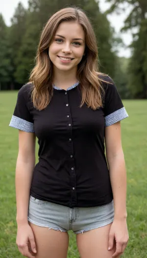 Casual charisma: a mature woman's unconventional outfit unveiled in a grassy field
