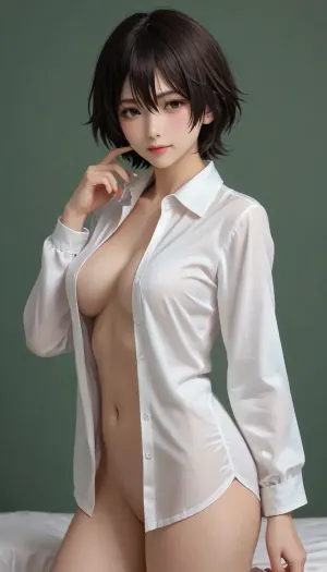 monogatari, (series), kanbaru suruga, 1girl, aged up, black hair, blush, bottomless, breasts, brown eyes, closed mouth, collared shirt, cowboy shot, dress shirt, from side, green background, groin, hair between eyes, hand up, large breasts, looking at viewer, looking to the side, naked shirt, narrowed eyes, no panties, rectangle, shirt, short hair, sleeves past fingers, sleeves past wrists, smile, solo, thick eyebrows, thigh gap, thighs, tomboy, very long sleeves, white shirt