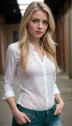 Woman, 25 years old, European white, long hair blonde, green eyes, thin, medium breasts, small butt, jeans, white blouse, full body seen from the front and close up.
