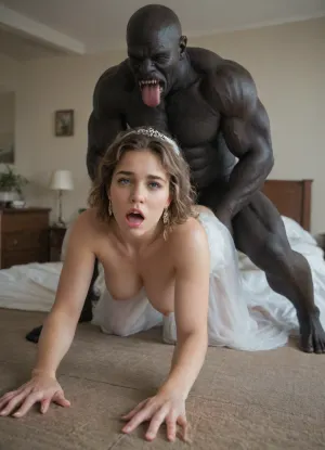 Huge black brute takes white bride doggystyle, monster black brute, big black brute, pushing her to the floor, orgasm face, interracial sex, bed, full body view
