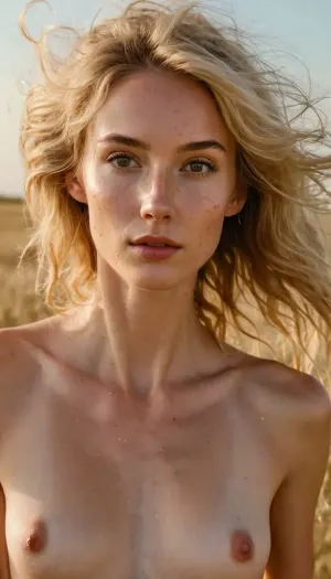 youthful vibrant farmer girl with nude breasts, 30 yo, (((nude breasts))), face and chest in frame, (hair glow lighting, misty golden hour light with sparkling specks of dust), (Scandinavian and Irish features), photorealistic, photo realistic, detailed face, highest quality, (detailed eyes), detailed skin, exquisitely textured skin, (perfectly manicured eyebrows), (high cheekbones, sharp cheekbones, narrow delicate jawline, small sharp chin, small mouth, pixie faint vellus hairs, long face), (small upturned button nose, delicate nose), detailed nose, (windblown messy hair framing her face, blonde hair with dark roots:1.4), (big eyes, wide eyes, doe eyes, slightly wide set eyes), (natural soft breasts, high breasts), (athletic body, sporty body, lean body, fit body), (she's in love, adoring gaze), (pale skin, cute cheeks and nose, noticeable freckles, sun kissed nose), masterpiece, high definition, thin waist, (petite breasts:.5), (((skinny petite tiny:1.5))), flat, chested, <lora:flat_chested_v3.5:.5>