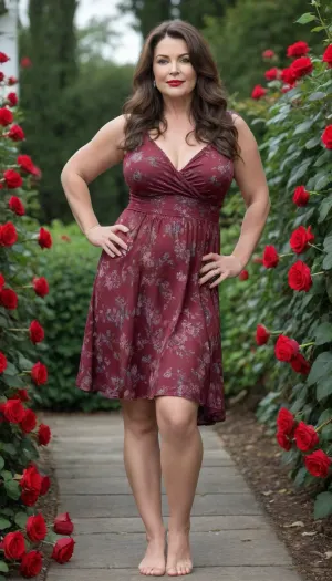 55 year old chubby MILF, (((brunette, long wavy hair, waist length))), blue eyes, red lipstick, in a mini dress, in the background red roses, roses, ((wide ankles, barefoot)), sm0k3dr3ss, <lora:Smoke_Shesh_Dress_XL:.9>, <lora:SDXL Detail:.5>
