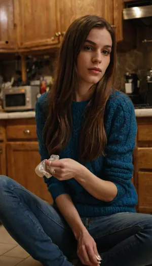 1girl, 27 yo transgender, modest clothes, blue warm sweater and jeans, used condom with sperm on her hand, cum on her sweater, skinny, amateur home photo, flash photo, kitchen, on the knees, brown long straight hair