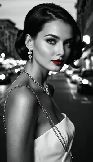 In the black-and-white image, you can see the slender figure of a girl dressed in an elegant dress. Her hair is cut short and styled in a stylish updo that adds mystery to the look. This is an asymmetrical bob with elongated front strands that gently frame the face. The hair looks well-groomed and healthy, with a slight shine., The girl has expressive facial features, large, almond-shaped eyes with thick lashes that emphasize her look. Her skin is fair, with a slight blush on her cheeks, giving her face a fresh and youthful appearance. The eyebrows are carefully plucked and give the face a refined look., A slight smile plays on the girl's face, which makes her image more warm and friendly. On the neck you can see thin chains with small pendants, and on the wrists — elegant bracelets., In general, her appearance gives the impression of sophistication and elegance, with hints of mystery and inner light. Black and white image and bright red lipstick in contrast. Street sin city background. Sin City Style.