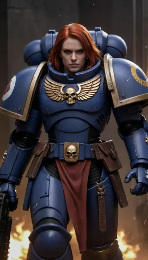 (one beautyful girl), (Warhammmer-40k), (heavy fullbodyarmor with Vagina and breast challenge on armor), (epic detailed decorated armor), (bolter in left arm), ((space-marine armor)), (face masterpiece), red long hair, (athletic body), (normal breasts), all body view portait, ((visible pussy and breasts)), shaved pussy, Knight, armor, holding, bolter, power, primaris, <lora:primaris_marine-knight_armor-000007:.5>