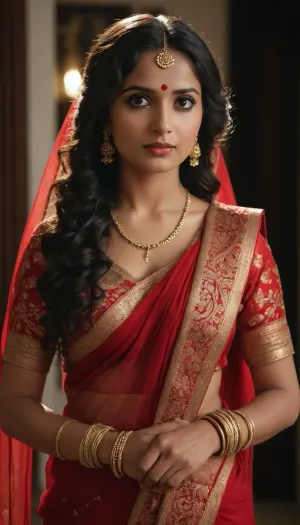 Indian bride wearing red saree, black long wavy hairs front pose