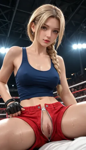 An ultra-detailed and hyper-realistic MMA fight scene in a UFC octagon, featuring two very skinny, athletic female fighters in contrasting professional fight gear. Blue and grey colored eyes, hazel eyes, braided hair, One fighter wears sleek black shorts, a fitted blue tank top, and black MMA gloves, while the other is dressed in bright red shorts, a matching red top, and black gloves. The fighter on top is in a dominant mounted position, pinning her opponent with perfect technique and control, face down ass up, shorts slipped aside, revealing accidentally pussy, beautiful pussy, intricately detailed pussy, bright arena lights. The fighters' faces display intense focus and determination, with beads of sweat and subtle skin texture adding realism. The octagon is meticulously detailed, from the chain-link fencing and UFC branding to the textured mat underfoot. The crowd and event officials in the background enhance the tension, their expressions blurred slightly for depth but still conveying energy and anticipation. Dynamic lighting highlights every detail, including shadows, reflections on gloves, and the fighters' movements, creating a dramatic, action-packed scene. Shorts slipped aside revealing pussy, juicy sweaty pussy, 8k, photorealistic, intricately detailed, face, focus on pussy, panties, pulled, to, side, pussy, shaved