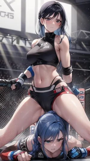 An ultra-detailed and hyper-realistic MMA fight scene in a UFC octagon, featuring two very skinny, athletic female fighters in contrasting professional fight gear. Blue and grey colored eyes, hazel eyes, braided hair, One fighter wears sleek black shorts, a fitted blue tank top, and black MMA gloves, while the other is dressed in bright red shorts, a matching red top, and black gloves. The fighter on top is in a dominant mounted position, pinning her opponent with perfect technique and control, face down ass up, shorts slipped aside, revealing accidentally pussy, beautiful pussy, intricately detailed pussy, bright arena lights. The fighters' faces display intense focus and determination, with beads of sweat and subtle skin texture adding realism. The octagon is meticulously detailed, from the chain-link fencing and UFC branding to the textured mat underfoot. The crowd and event officials in the background enhance the tension, their expressions blurred slightly for depth but still conveying energy and anticipation. Dynamic lighting highlights every detail, including shadows, reflections on gloves, and the fighters' movements, creating a dramatic, action-packed scene. Shorts slipped aside revealing pussy, juicy sweaty pussy, 8k, photorealistic, intricately detailed, face, focus on pussy, panties, pulled, to, side, pussy, shaved