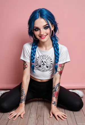 1 girl, russian young beautiful 18 years old girl, blue hair, two big braid, blue eyes, (Realism:1.5), (Small flat chest:1.4), (Freckles:1.3), (Dark makeup, eye shadow:1.4), (smile:1.3), Dressed in a oversize t-shirt and A pink hoop on the head s and Leggings, pink room, toys, She's sitting on the floor with her legs spread, epic pose, (tattoo:1.3), Posing for the viewer