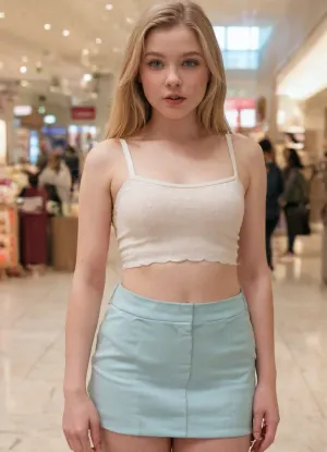 Full body shot, 18 year old girl, long straight blonde hair, rosy pale complexion, small square upturned nose, big blue eyes, very big full lips, chin dimple, chubby red cheeks. Lots of eye shadow, braces on teeth, average body, not skinny, broad shoulders, wide shoulders, small breasts, small perky torpedo tits, small conical tits, smooth soft belly, narrow hips, thick thighs, crop top, very short skirt, standing in a shopping mall, teeth