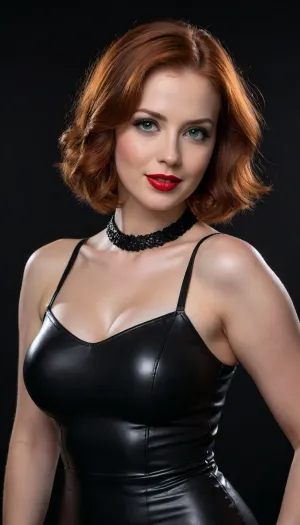 woman, beautiful face, bright green eyes, smiling seductively, red lipstick, long bob haircut, dress, gothic makeup, plump, no fat folds, redhead woman, huge breasts, high heels and platform shoes, black leggings, sweaty, oiled skin, ultra detailed, high resolution, (((Black background))), <lora:708827_training_data:.5>, <lora:detailed_notrigger:.5>, <lora:SDXL_BetterFaces-LoRA_v1:.5>
