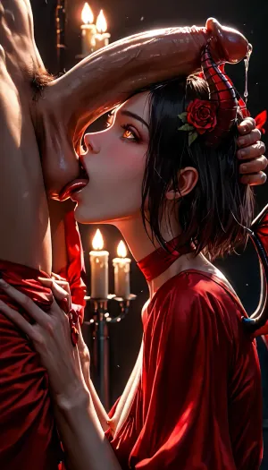 masterpiece, best quality, highly detailed, (anime:1.2), BREAK, ((solo)), ((a gorgeous 25 year old white succubus with demonic, wings, horns, tail, succubus is in love with a man)), (succubus has long black hair bob haircut), (wide open orange eyes), (sideview, close up on face:1.2), (1boy:1.2), (ball suck, open mouth, tongue out, penis on head:1.2), ((boy's hands are grabbing her horns)), (natural b cup boobs, beautiful nipples), (naughty grin expression, blushing, overjoyed, horny, aroused:1.2), (she is overjoyed being with a man for Valentine's Day, she smiles lovingly at him and blushes as she licks his testicles with her tongue:1.2), slim, athletic, gymnast body, (wearing a loose crimson red satin dress:1.4), no bra, no panties, (man with a large erect penis with precum, testicles), (his hands grab her horns while she licks viewer's penis with her tongue, open mouth, tongue out, penis on head:1.4), (extremely dim lighting with source only from candles, darkness, extremely dark room, romantic atmosphere:1.4), (extremely dark and romantic environment:1.2), (all lights are out in room, dim candle lights are the only source of lighting:1.2), (rose flower peddles in a line on the bed leading up to her beautiful pussy:1.2), (bedroom:1.2), (rose flower peddles scattered across bed, bottle of bourbon, heart shaped box of assorted chocolates), (fireplace:1.2), (dark moonless night, nighttime:1.2), (snowing outside), RAR, <lora:MeMaV3_ill:.5>, <lora:add_details_xl:.5>, <lora:Better Anime Backgrounds - [Background] - SDXL Version 1:.5>, <lora:RAR 0.4v:.5>