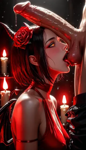 masterpiece, best quality, highly detailed, (anime:1.2), BREAK, ((solo)), ((a gorgeous 25 year old white succubus with demonic, wings, horns, tail, succubus is in love with a man)), (succubus has long black hair bob haircut), (wide open orange eyes), (sideview, close up on face:1.2), (1boy:1.2), (ball suck, open mouth, tongue out, penis on head:1.2), ((boy's hands are grabbing her horns)), (natural b cup boobs, beautiful nipples), (naughty grin expression, blushing, overjoyed, horny, aroused:1.2), (she is overjoyed being with a man for Valentine's Day, she smiles lovingly at him and blushes as she licks his testicles with her tongue:1.2), slim, athletic, gymnast body, (wearing a loose crimson red satin dress:1.4), no bra, no panties, (man with a large erect penis with precum, testicles), (she licks viewer's penis with her tongue, open mouth, tongue out, penis on head:1.4), (extremely dim lighting with source only from candles, darkness, extremely dark room, romantic atmosphere:1.4), (extremely dark and romantic environment:1.2), (all lights are out in room, dim candle lights are the only source of lighting:1.2), (rose flower peddles in a line on the bed leading up to her beautiful pussy:1.2), (bedroom:1.2), (rose flower peddles scattered across bed, bottle of bourbon, heart shaped box of assorted chocolates), (fireplace:1.2), (dark moonless night, nighttime:1.2), (snowing outside), RAR, <lora:MeMaV3_ill:.5>, <lora:add_details_xl:.5>, <lora:Better Anime Backgrounds - [Background] - SDXL Version 1:.5>, <lora:RAR 0.4v:.5>