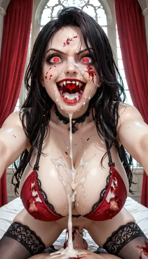 A tall athletic seductive statuesque seductive busty vampire naked riding a man's large penis in a gothic castle bedroom, nipple-less bra, hypnotic gaze, hypno spiral eyes, gothic lingerie, lace stockings, choker, victorian lingerie and jeweler, panties aside, her vaginal is squeezing the cum out of his penis, vampire fangs, blood on her teeth, creampie, excessive cum, huge breasts, blood on face, vomiting blood, pronounced feminine features, (angry), (smiling), pale skin, extremely long black hair, blood pouring out of her mouth, bloodyface, blood, cwgr, girl, pov, pale, skin, Object, gd, erection, sex, toy, penis, large, <lora:lora-bloodyface-lite:.5>, <lora:cwgr:.5>, <lora:Pale_Skin_SDXL_v1.0:.5>, <lora:Penis_XL:.5>
