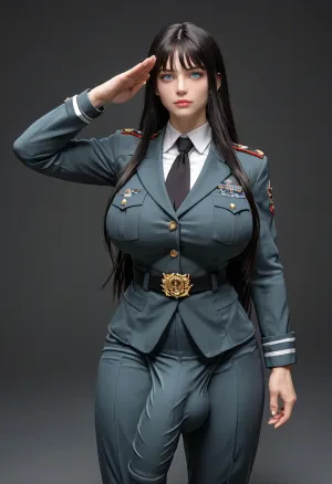 futanari, ((gigantic cock)), (soldier suit), (cock under suit), (suit bulge), (black hair), (ultra long hair), light blue eyes, (massive breasts), (muscular), whole body, alone, (salute), <lora:LCM_LoRA_Weights_SDXL:2>, <lora:FF.102.colossusProjectXLSFW_49bExperimental.LORA:.5>