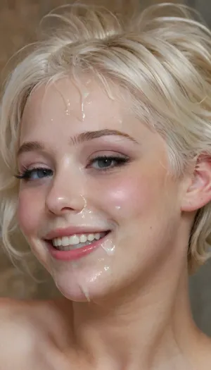young girl, cute round face, short white hair, happy smiling, big load of cum, thick white sperm flows down his chin in a long, rich drop, huge cum on face, huge cum dripping from face, text "Thank you, Daddy!", J.C., Leyendecker, Style, page, page of the magazine, side view, text, logo, woman, cum, on, face, <lora:J.C. Leyendecker Style:.6>, <lora:dvr-ftl:.6>, <lora:JustCum:1>