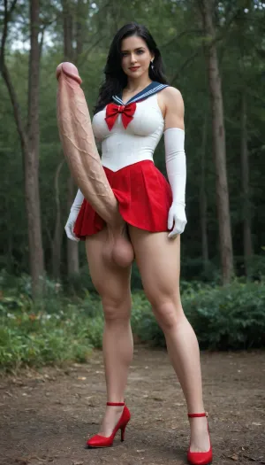 A highly realistic, muscular futa with huge cock standing confidently in front of a stunning, picturesque landscape. She is demonstrated her sexy body and smiling, long straight hair that falls below the hips, The scene is professionally retouched, with vibrant and balanced colors. The photo emphasizes her strong, athletic physique while showcasing the beauty of the natural background, creating a perfect harmony between strength and serenity, pubic hair, ((sailor senshi:1.8), short red skirt, white corset, red bow, red high heel shoes, white elbow-length gloves), (huge cock:1.8), yennefer, <lora:FutaCockXL:.3>, <lora:xl_sailor_senshi_uniform-1.0:.1>, <lora:sailor_mars_animaginexl_v1:1>