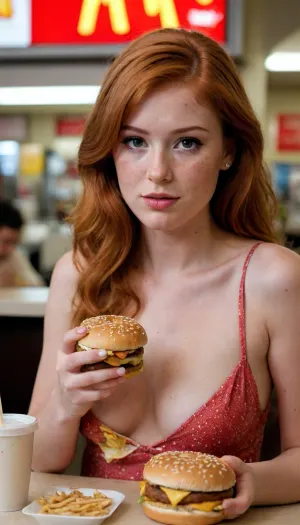 Beautiful American girl with freckles eating a Big Mac at McDonald's, Big Mac dripping with special sauce, ginger, freckle face, redhead, sauce dripping down her chin, ample cleavage, ample breasts, low cut, in a 1980s McDonald's