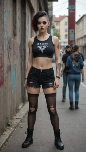 Group of four Desi goth girls flashing, heavy makeup, ripped stockings, emo clothing, goth clothing, punk, undercut hair, sexy, beautiful, natural, in the street, graffiti, combat boots or Mary Janes