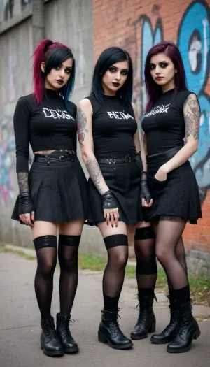 Group of four Desi goth girls, heavy makeup, ripped stockings, emo clothing, goth clothing, punk, undercut hair, sexy, beautiful, natural, in the street, graffiti, combat boots or Mary Janes
