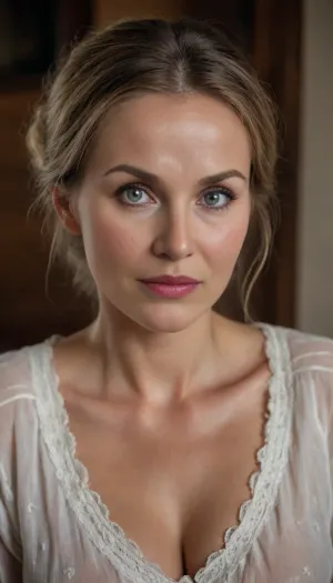 RAW photo, subject, (fine skin detail:1.1), 8k UHD, soft light, high quality, film grain, Fujifilm XT3, dynamic angle, mature mommy, russian peasant woman, in peasant home, in front of viewer, eye contact, wearing in negligee