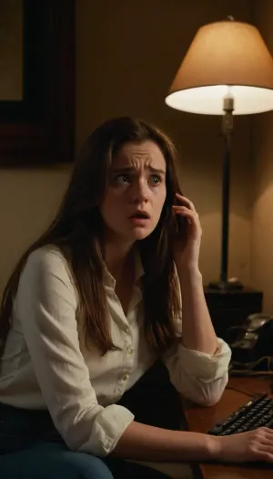 a young woman sitting in front of a computer, looking shocked and horrified as she discovers that someone has created explicit images of her without her consent. She has long brown hair and is wearing a simple white blouse and denim jeans. The room around her is dimly lit, with a single lamp casting a harsh light on her face. The expression on her face is one of disbelief and disgust, as she realizes the extent of the violation she has suffered