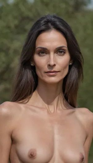 1/3 half view, 60 year old, petite, (slim face:1.5), grey skin, dark browm mid long hair, topless, photo taken outside, intimate pose, (sharp and pointed nose:1.5), looking straight in camera