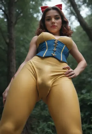 brunette adult transgender, shemale, dickgirl, looking like Disney's Snow White with a girl cock, (23 years old), (yellow leather tight hot pants:1.7), (penis bulge in pant:1.9), tenting pant, (blue leather corset:1.4), black fish net stockings, blue garter belt, (red hair bow:1.1), solo, one person, outdoors, in the forest, taker pov, up close, under skirt look, cock pointing at viewer, sweaty skin, aesthetic, athletic, sharp, textured skin, slender body, (black hair, wavy fringe bangs, wavy bob haircut), angular face, black eyes, large dark eyes, extremely beautiful face, blush, freckles, full lips, thick lips, red lipstick, amused, eager, medium sized penis, 3 inch penis, uncircumcised penis, (foreskin:1.3), precum very clearly visible, full erection, (detailed big testicles:1.1), detailed genitals, Small cup A breasts, erect nipples, detailed, slim, waist, hourglas figure, (perfect fingers:1.1), red painted fingernails, pale white skin, perfect skin, ultra high details, photographed by a Nikon Z7 II Camera, 70mm lens, full-length photo, (photorealistic:1.5)