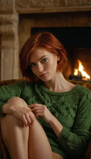 beautiful sexy quite thin 23 year old red hair woman posing, no makeup, green eyes, fireplace foreground, good hands, on armchair, perfect fingers, short hair, hairy pussy, (pullover), show pussy, unwearing, strip tease, fingering, pussy