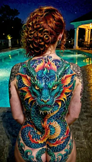 View from back, back focus, Gorgeous redhead thick gorgeous woman, 20 year old, The most beautiful body, ((())), (full body), (), ((perfectly formed back huge tattoo)), ((outdoor, night time)), ((pool party, in background)), (perfect iris eyes), detailed eyes, (symmetrical eyes), curly hair, (identical eyes), iris eyes, perfect eyes, bioluminescent, glowing, TattooVariations, <lora:TattooVariations:.5>, perfecteyes, <lora:lora-sdxl-perfect-eyes:.5>, dragon, tattoo, back, <lora:DragonTattoo:2>, <lora:tattooback:.5>