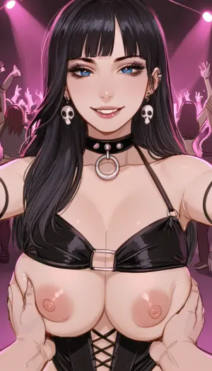 (1 girl, goth, rave clothes, long hair), electronic party, night, giant tits, pov, grabbing, grabbing tits, smirk, in crowd, all girls, ratatatat74, <lora:cartoon_stickers_xl_v1:.6>, <lora:ratatatat74-000050:1.6>