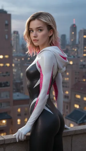 spider gwen, athletic body, bodysuit, hood at head, blond with pink Highlights, roof of a tall building, night
