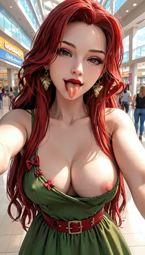 at the mall, she takes a selfie, wears a green dress, long hair, red hair, makeup, red lipstick, sticks out her tongue, winks, blinks, arrows in her eyes, opens her dress slightly with her left hand, showing the nipple on her left breast, opens the nipple slightly, nipple, slip, good quality, ultra HD, 4K, 8K, <lora:Sideboob_XL:.5>, <lora:nipple slip tight clothes XL V2:.8>