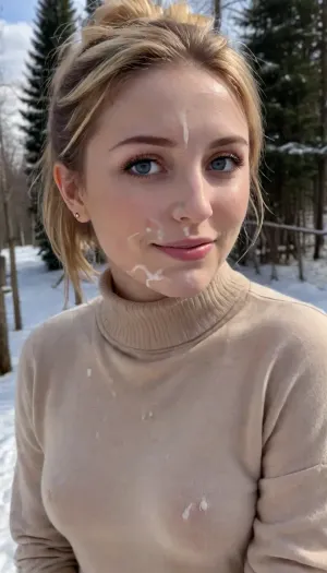zPDXL3, ScarletFF7R, woman, short hair, hair bun, blue eyes, blonde hair, jewelry, medium breasts, (black and beige fluffy turtleneck sweater:1.4), long sleeves, jeans, looking at viewer, smiling, standing, outside, park, trees, snow, blue sky, mountain, mega, (her face is covered with cum, cum on her chest, cum on clothes, cum threads drip from chin:1.2), facial, cum, on, face, breasts, stomach, covered, in, perfect, twintails, big, hair, <lora:xl_mega_twintails-1.0:1>, <lora:Facials:.7>
