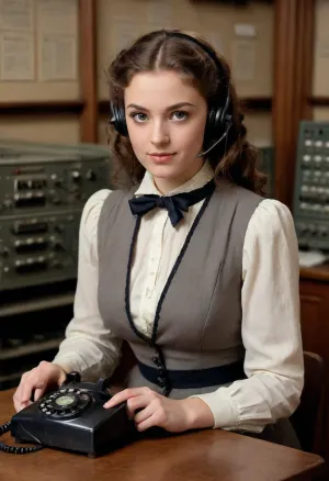 (((“Charming telephone operator at a telephone exchange in the year 1880))), (telephone exchange background), victorian style outfit, (on the old phone), young 20 year old, The most beautiful body, ((full body)), ((winking one eye)), ((one breast out)), (perfect iris eyes), (symmetrical eyes), curly hair, smirk, perfecteyes, identical eyes, iris eyes, perfect eyes