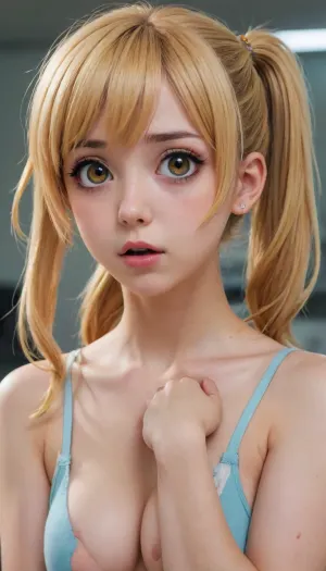 score_9, score_8_up, score_7_up, source_anime, yoimiya, bangs, blonde hair, hair ornament, hair between eyes, ponytail, sidelocks, orange eyes, light brown hair, tattoo, medium breasts, crying aqua, (meme), crying, tearing up, tears, wavy mouth