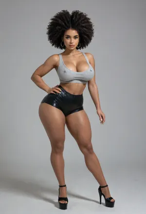 ((black woman)), afro, cute face, thick eyebrows, long eyelashes, busty lips, big breast, (tiny waist), ((big huge ass)), dark skin, thin, fit, muscular, long nipples, pierced navel, short tight crop tank top, tight booty shorts, platform high heels, full body view
