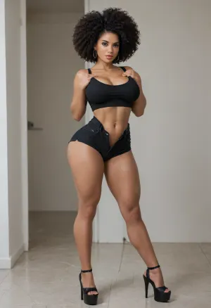 ((black woman)), afro, cute face, thick eyebrows, long eyelashes, busty lips, big breast, (tiny waist), ((big huge ass)), dark skin, thin, fit, muscular, long nipples, pierced navel, short tight crop tank top, tight booty shorts unbuttoned showing pussy, platform high heels, full body view
