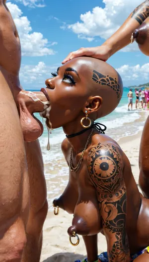young African instagram plus size Futanari model with fat penis, cock visible, 28 yo, (plus size), (big eyes), (passionate blowjob), (tattooed bald head:1.4), (((big long eyelashes))), deepthroating my large cock deeply from the side, sucking cock balls deep, mouth stretched wide to fit cock, lots of cum dripping from mouth, (((puffy dark nipples))), head grab, (long dark nipples:1.4), (nipple jewellery:1.5), ebon face, (no makeup), big round eyes, top view, (side view), (((perfect puffy tits))), (large dark skin puffy tits), ((erect Futanari penis)), (public beach with many people in the background:1.5)