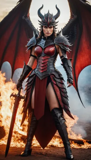 goddes Tiamat, beautiful woman with dragon wings, stern face, burning red eyes, black armor made of dragon scales, dragon head helmet, holds a huge two-handed sword in his hands, full body in frame, full view