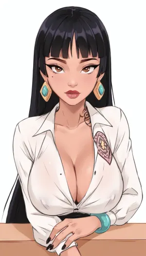 (Chel from Road To El Dorado), goth, tattoos, (leaning over table), front view, (big tits:1.8), (cleavage teacher outfit:1), white background, SamDoesArts, <lora:cartoon_stickers_xl_v1:.8>, <lora:SDXLSamDoesArts:.8>