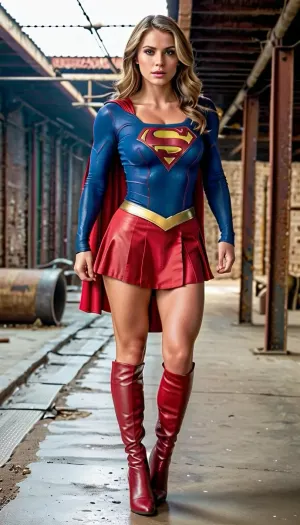 Dungeon, sewer tunnel, smelly sewer, Super girl, 20-year-old girl, in the sewer, (((Very sexy woman))), (((shows boobs))), realistic image, ((highest quality)), (((real photo))), bulging veins, (photorealism:1.4), in a dark red puffy skirt, supermini skirt, blue top with Superman logo, sexy high-heeled boots, skinny, full body view, dynamic pose, athletic pose, uniform, big tits, athletic build, lean torso, muscular legs, height 5 feet, ((((Show me your legs)))), ((show me your pussy)), (superhero costume), full-length, (realistic:1.3), (photorealism:1.3), high quality, 4k, (incredible detail:1.3), masterpiece, intricate, (high-quality leather with details:1.3), (raw photo, best quality:1.4), (High-quality detailed color photo in RAW format:1.3), high resolution, 8k UHD, (full-length 1.3), ((very large disproportionate bust)), (long slender legs), ((torn clothes)), full body display, giant breasts, ((naked pussy)), Side view from the front, under the skirt, vagina, outside, front, ((without panties)), ((standing tall)), dangerous, laura, (Superman.":.5), (Envious XL01:.5), wearing, spcc, costume, with, cape, Superman, precarious, breastclamp, <lora:SDXL1.0_Essenz-series-by-AI_Characters_Outfit_CWSupergirl-v1.0-'Skynet':.7>, <lora:Superman:.5>, <lora:EnvyPrecariousXL01:.5>, <lora:breastclamp_SDXL_reg0_03s:.5>