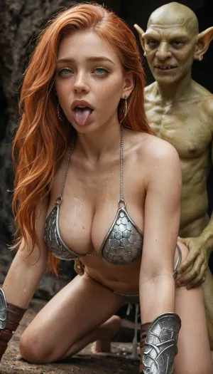 (realistic:1), in a cave, close up, (beautiful red hair ginger warrior), (wearing her silver scaly bikini armor, no bottom:1.2), (She is anal fucked from behind in doggy by a goblin:1.3), large breasts, slim body, big green eyes, very long hair, ((large natural breasts)), ahegao, very hairy pussy, very sweaty, (huge creampie), <lora:add-detail-xl:.4>, <lora:sunnyrayyxo_v1_SDXLBase:.3>